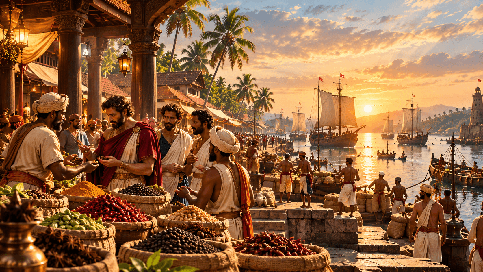 Ancient spice trading port with merchants and ships